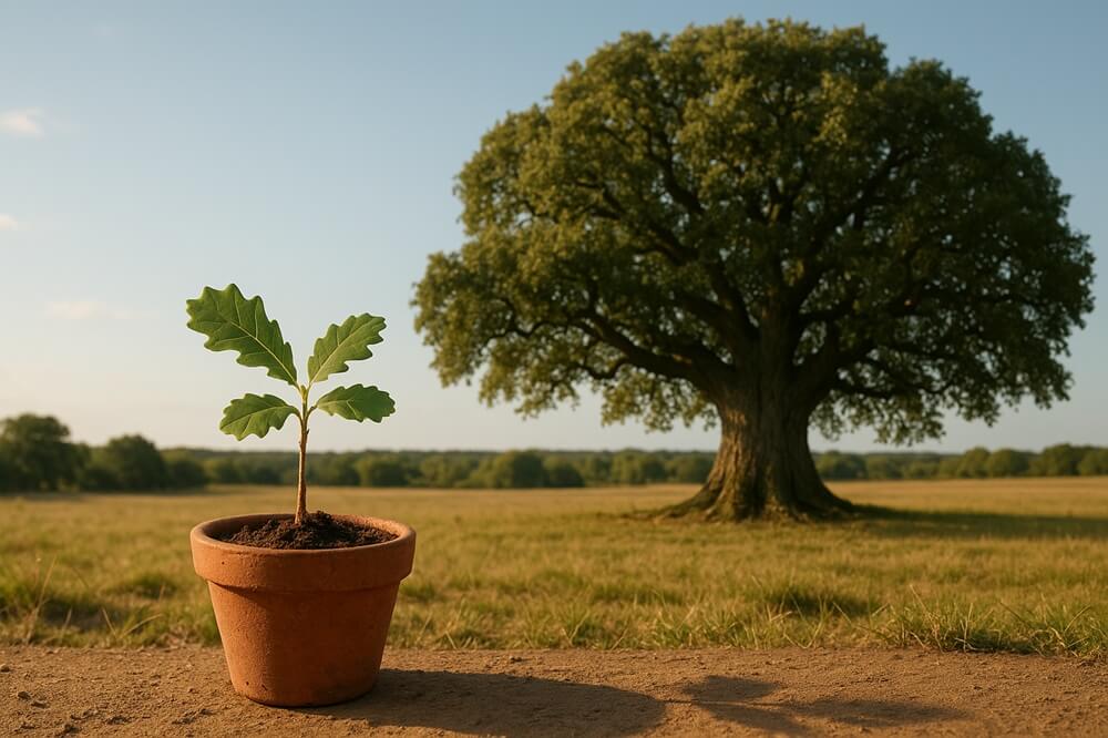 Small acorn seedling in a pot with a large oak tree in the background, showing the difference in growth potential based on environment.