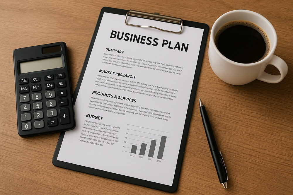 Business plan document, calculator, and coffee mug on a desk, symbolising essential planning and strategy for entrepreneurs.